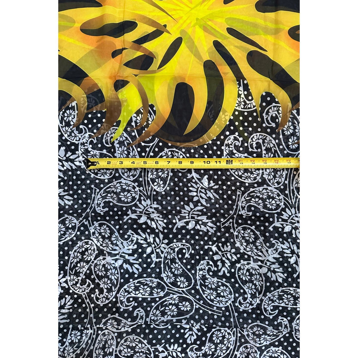 African Print, Chiffon Fabric- Black, White, Yellow, Gold "Swirl of Ibukun", ~ 2 Yards