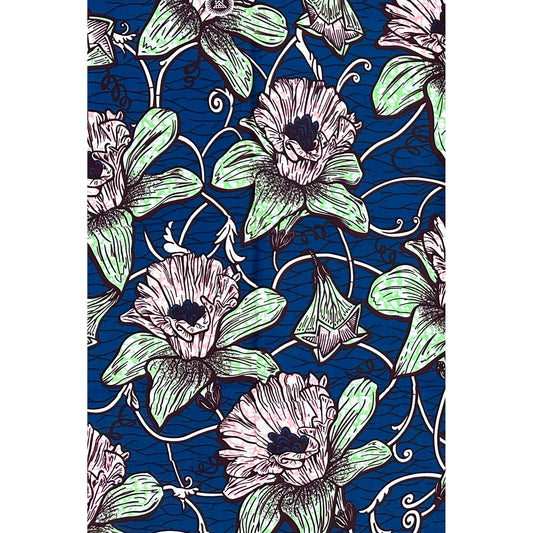 African Print Fabric/Ankara - Blue, Pink, Green ‘Abidjan Bloom', YARD or WHOLESALE
