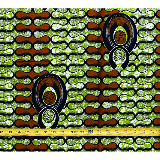 African Print Fabric/ Ankara - Green, Brown 'Crown Seed' Design