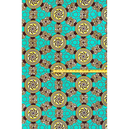 African Fabric/ Ankara - Turquoise, Yellow, Brown, Green "Crown of the World", 1 YARD