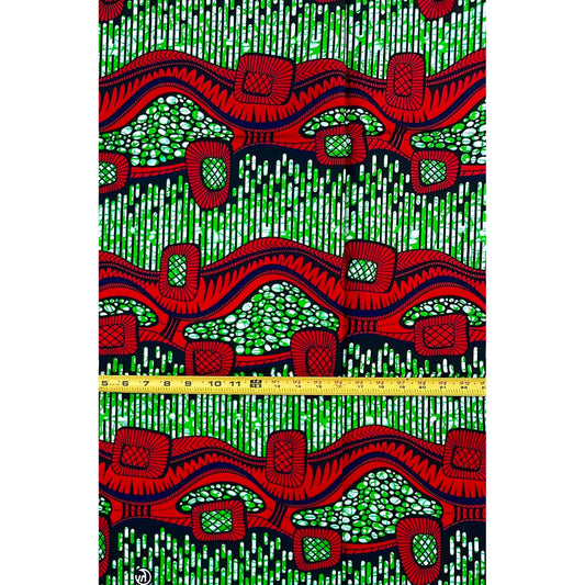African Print Fabric/ Ankara - Red, Green 'Ọmụgwọ Harvest' Design, YARD