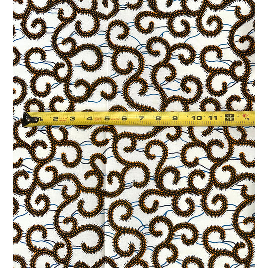 African Print Fabric/Ankara - White, Orange, Black "Swirlicious" Design, Per Yard
