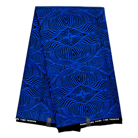 African Print Fabric/ Ankara - Blue, Black 'Wave Am Well ' Design, YARD or WHOLESALE