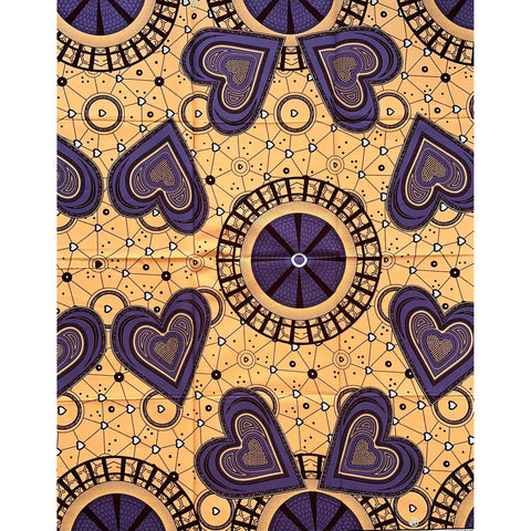 African Print Fabric/ Ankara - Beige, Purple, Brown ‘Heartsong' Pattern