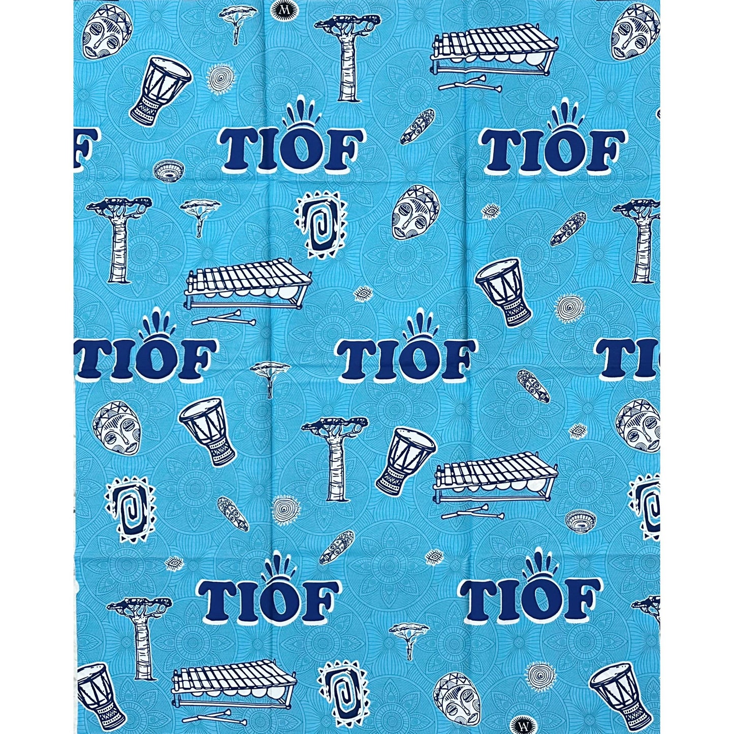 African Print Fabric/ Ankara - Blue, White ‘Tiof Drums of Africa' Design, YARD