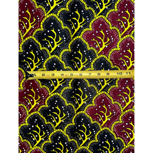African Print Fabric/ Ankara - Black, Dark Red, Yellow ‘Crown Tides', 1 Yard
