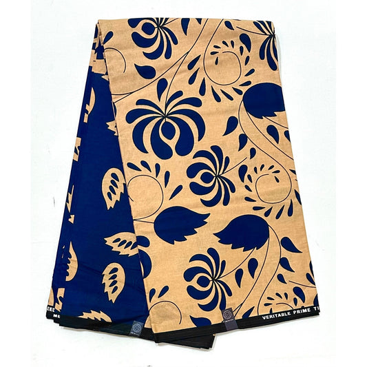African Fabric/ Ankara - Blue, Light Brown 'Heritage Still' YARD or WHOLESALE