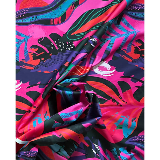 African Print, Stretch Cotton Satin Fabric- Shades of Pink, Purple, Red, Green, Blue, Black "Kalahari Camo", Per Yard
