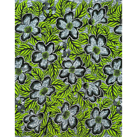 African Print Fabric/ Ankara - Gray, Green, Black 'Tropics' Design
