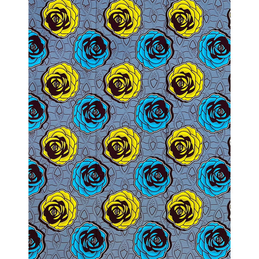 African Print Fabric/ Ankara - Gray, Blue, Yellow “Sugar Rose', YARD or WHOLESALE
