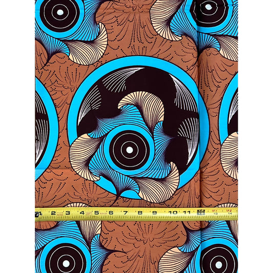 African Print Fabric/ Ankara - Brown, Blue “Eye of Oshun', 1.3 YARDS