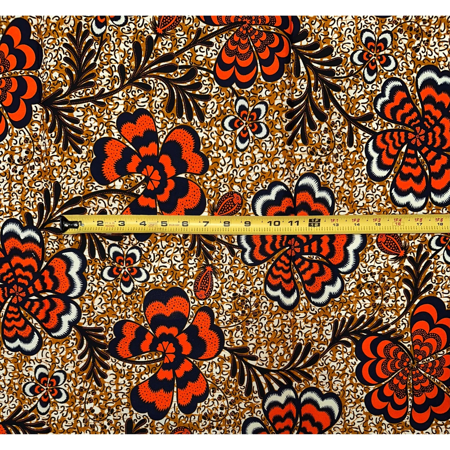 African Print Fabric/Ankara - Orange, Brown, Black "Plenty Petal" Design, Per Yard