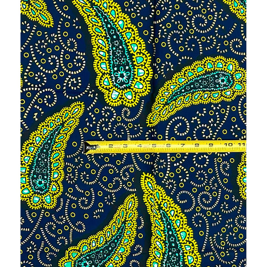 African Print Fabric/ Ankara - Navy, Yellow, Teal ‘Safiri Paisley' Design, 1 YARD