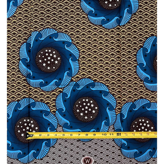 African Print Fabric/ Ankara - Blue, Brown, Beige ‘Midnight Bloom Code' Design, 1 YARD