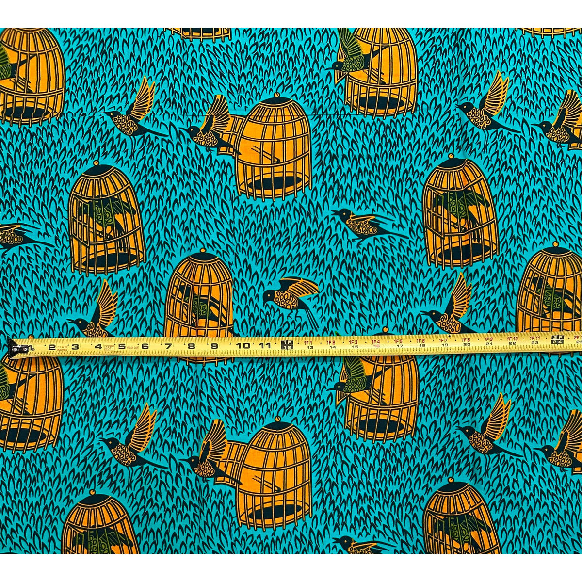 African Print Fabric/ Ankara - Teal, Marigold, Green 'I Know Why The Caged Bird Sings' Design, YARD or WHOLESALE