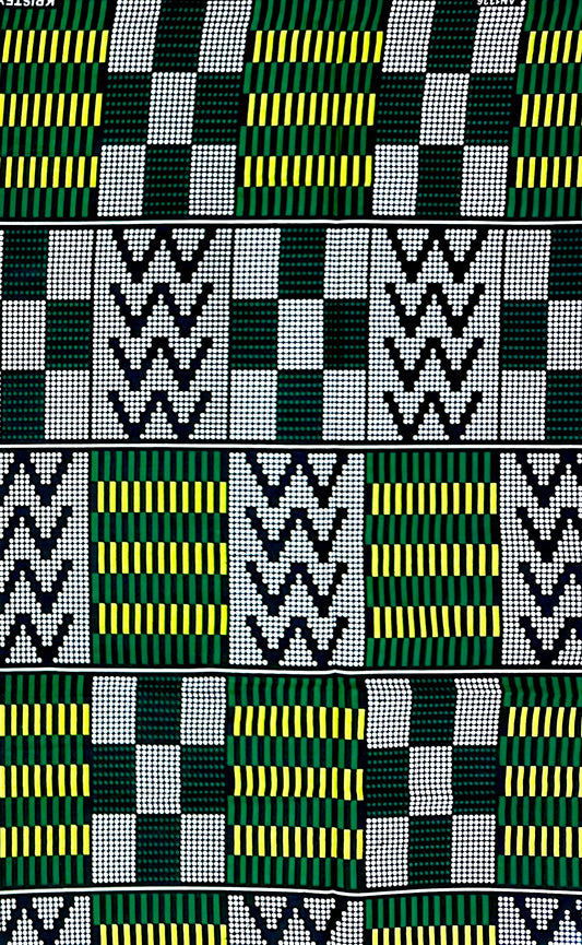 African Print Fabric/ Ankara - Shades of Green, White, Black 'Pattern Politics', YARD or WHOLESALE