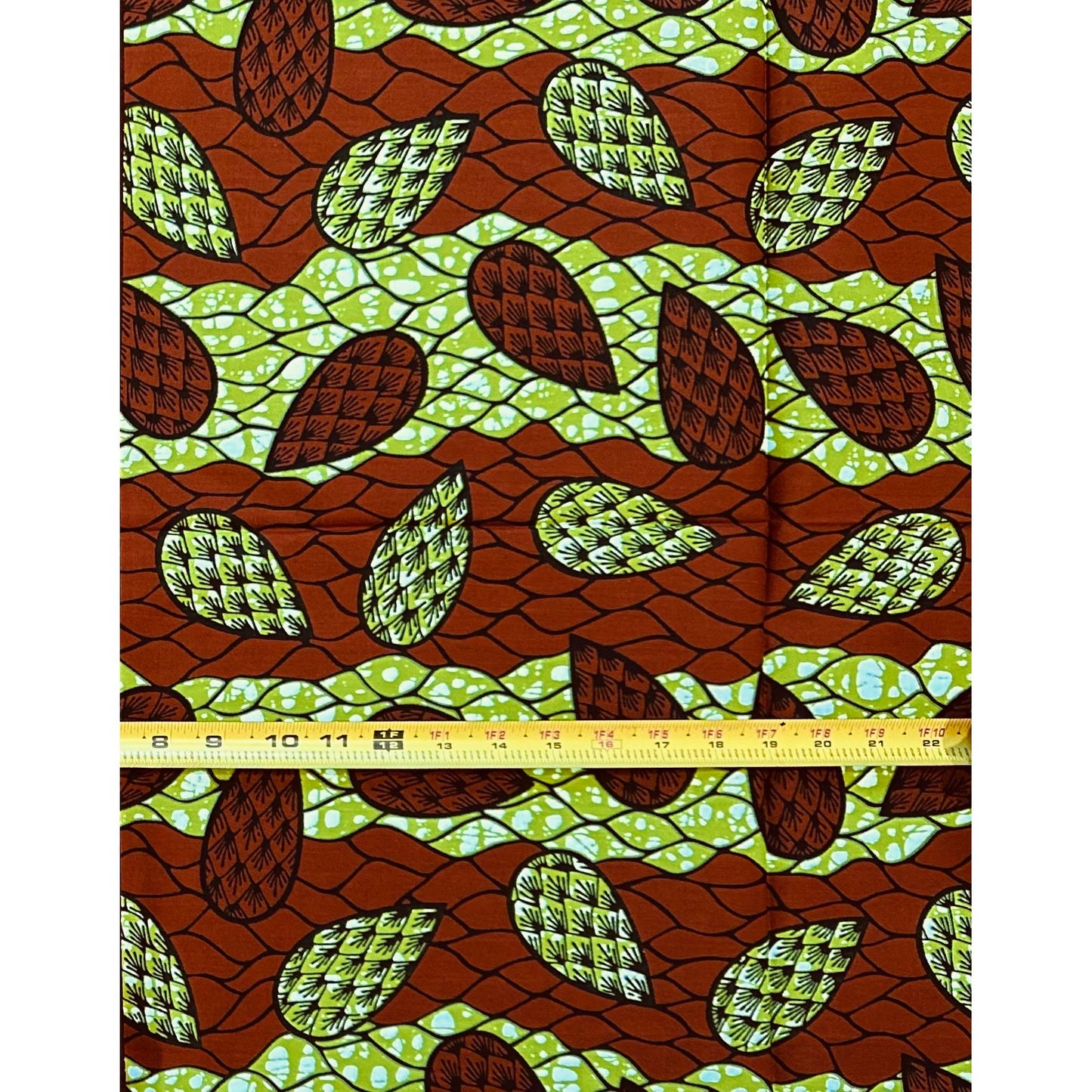 African Print Fabric/ Ankara - Green, Brown ‘Field Theory' Design, 1 YARD
