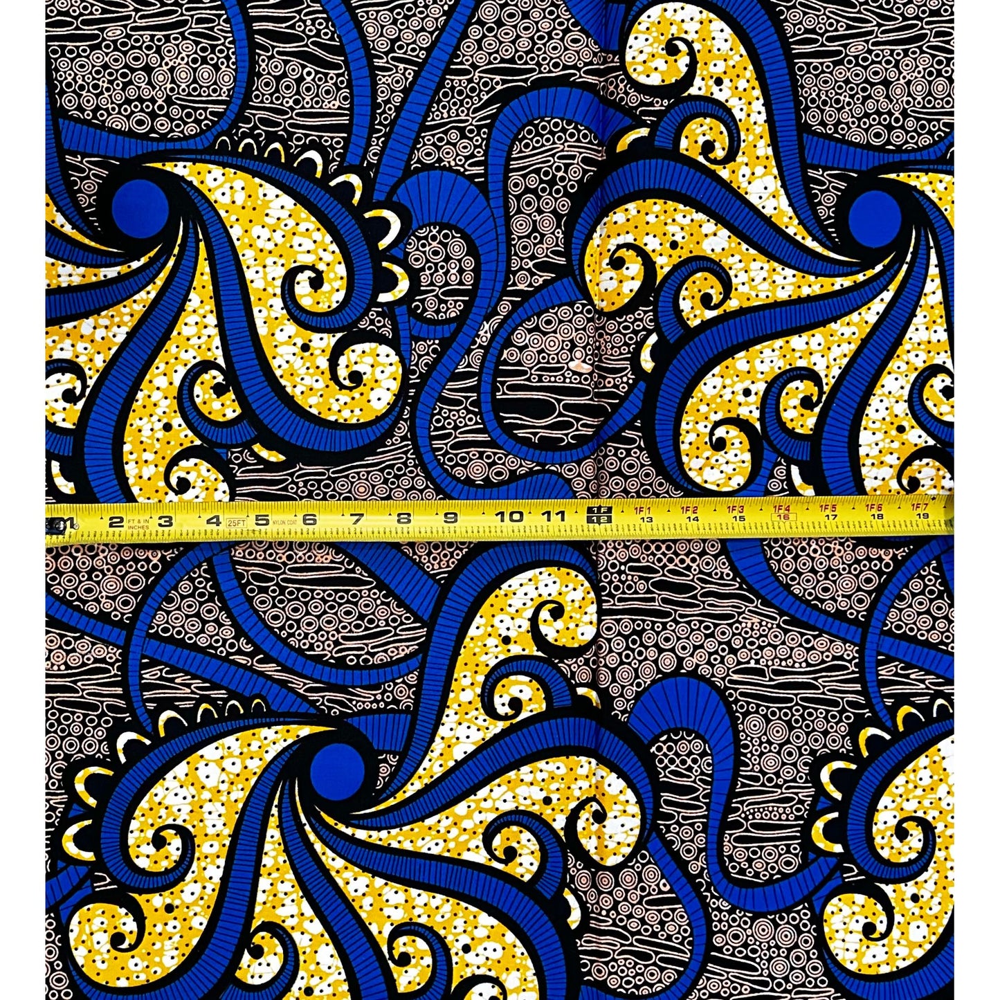 African Print Fabric/ Ankara - Yellow, Blue, Black 'Sannu a Hankali' Design