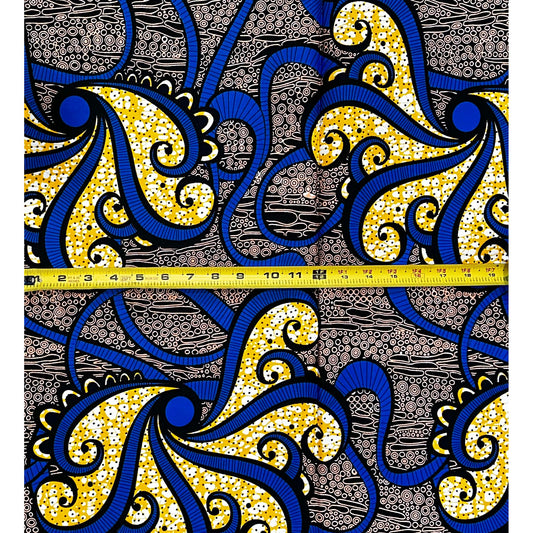 African Print Fabric/ Ankara - Yellow, Blue, Black 'Sannu a Hankali' Design