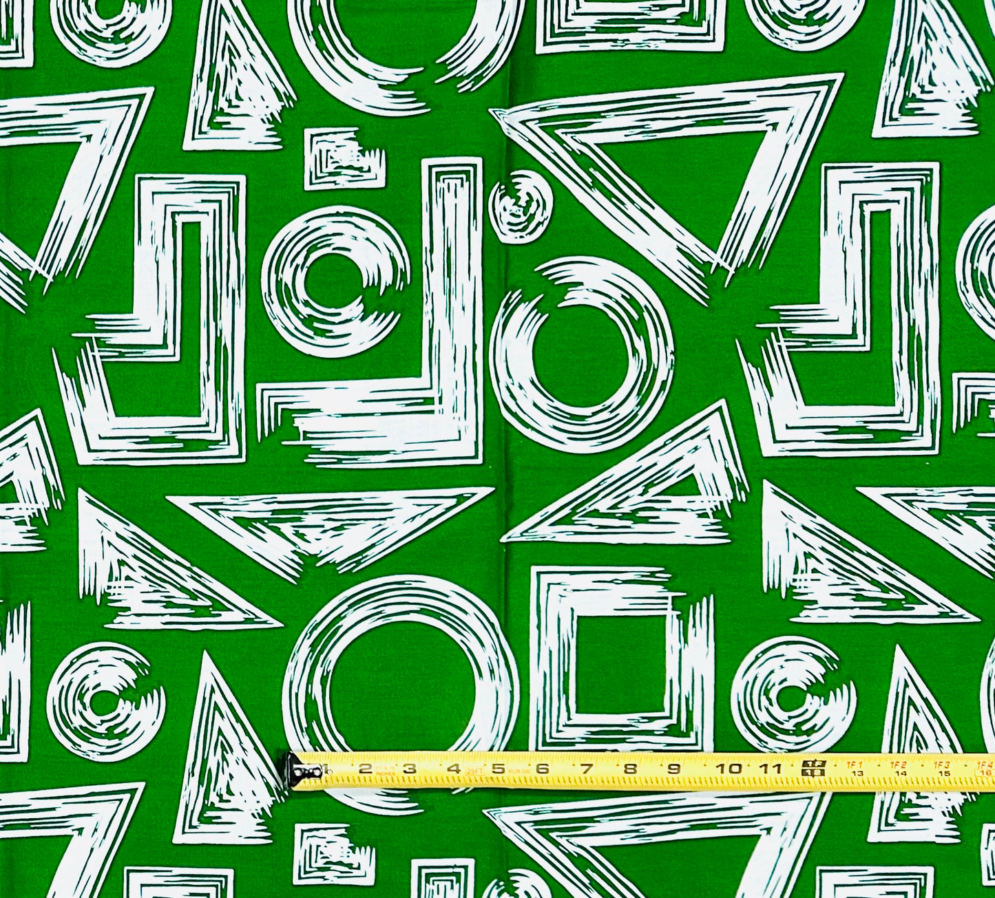 African Print Fabric/ Ankara - Green, White 'Tatu Forms' Design, YARD or WHOLESALE
