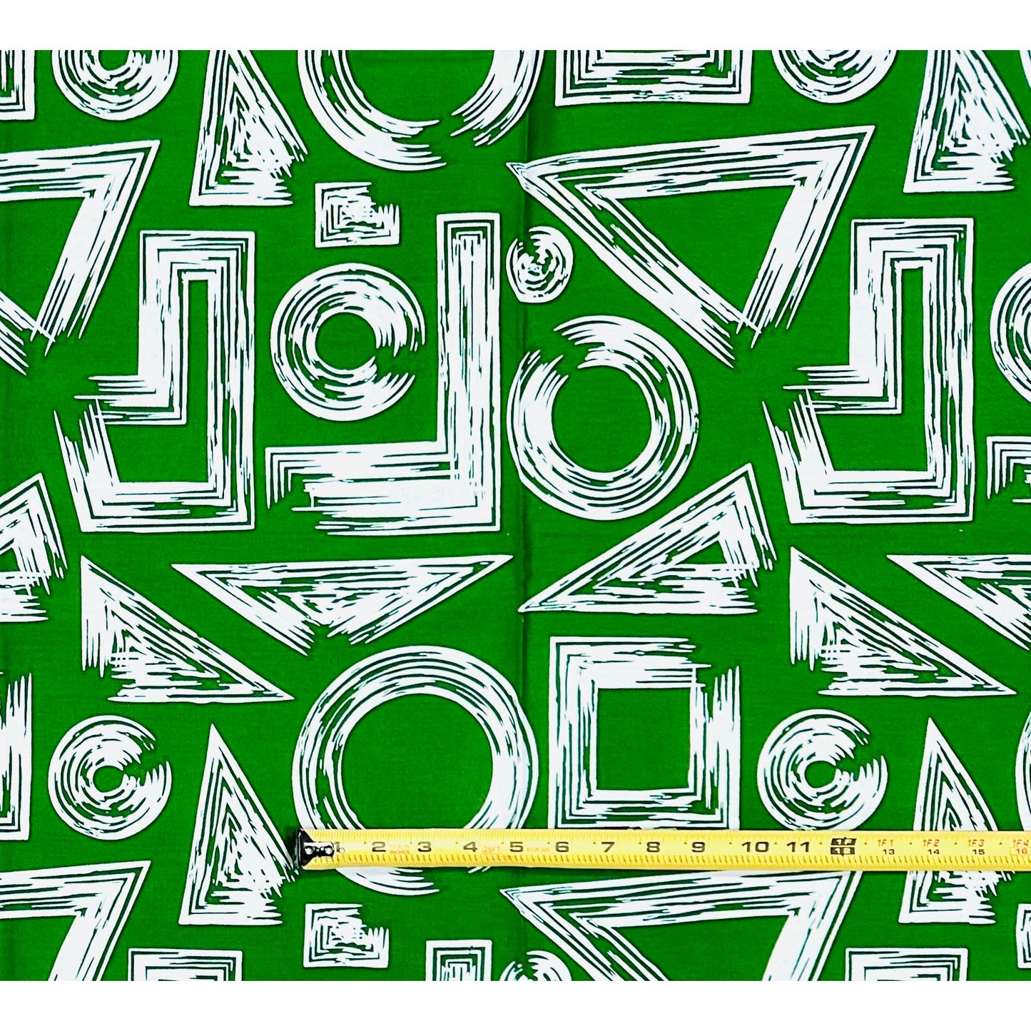 African Print Fabric/ Ankara - Green, White 'Tatu Forms' Design, YARD or WHOLESALE
