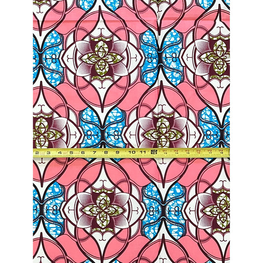 African Print Fabric/ Ankara - Pink, Blue, Brown 'Nubia Lotus,’ 1 YARD