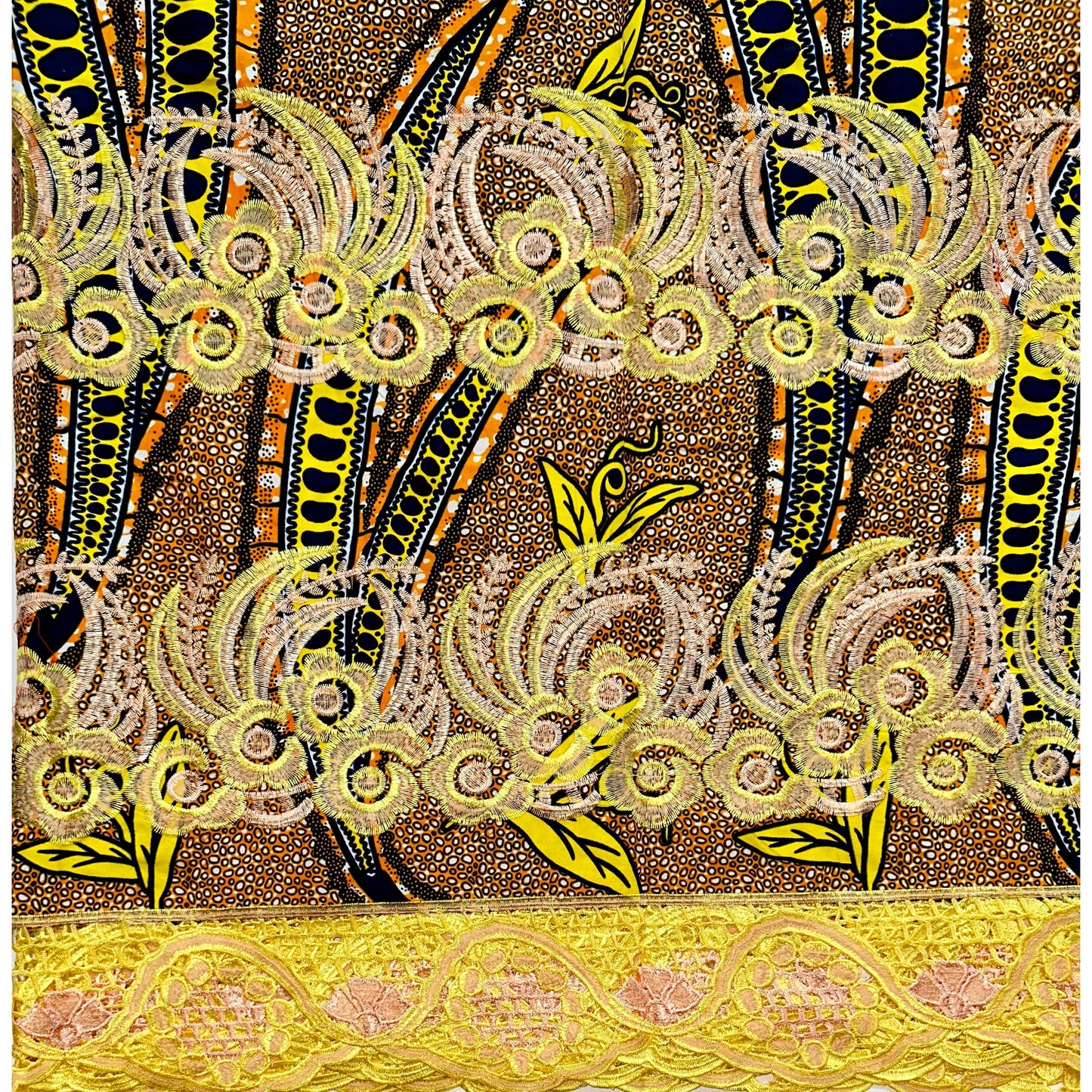African Print Lace Fabric/ Ankara - Yellow, Orange, Navy 'Iyahen Swirl', Yard or Wholesale
