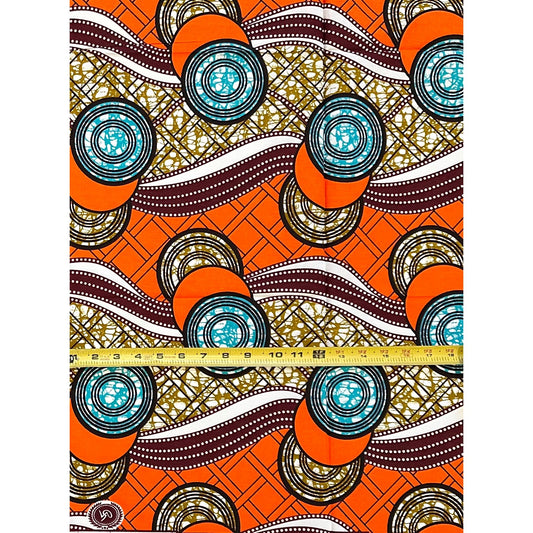 African Print Fabric/ Ankara - Orange, Blue, Brown ‘Ìtàn' Design, 1 YARD