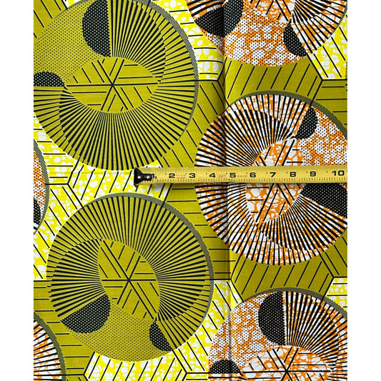 African Print Fabric/ Ankara - Green, Brown 'Rhythm + Motion,’ 1 YARD