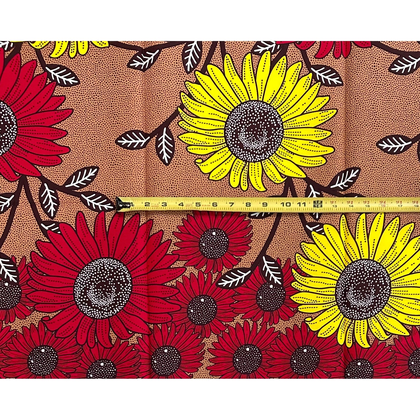 African Print Fabric/ Ankara - Brown, Red, Yellow 'Sango Blooms', 1 YARD