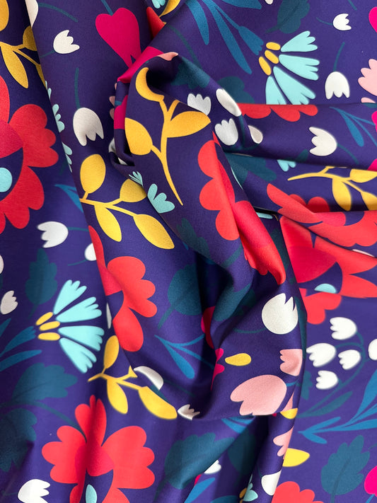 African Print, Stretch Cotton Satin Fabric- Midnight Purple, Green, Red, Yellow "Ìfẹ́ in Bloom" Per Yard