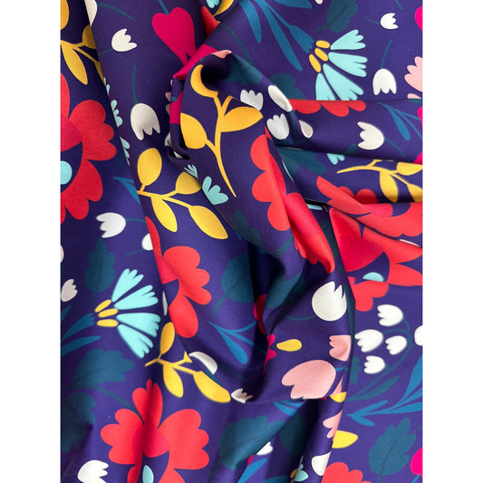 African Print, Stretch Cotton Satin Fabric- Midnight Purple, Green, Red, Yellow "Ìfẹ́ in Bloom" Per Yard