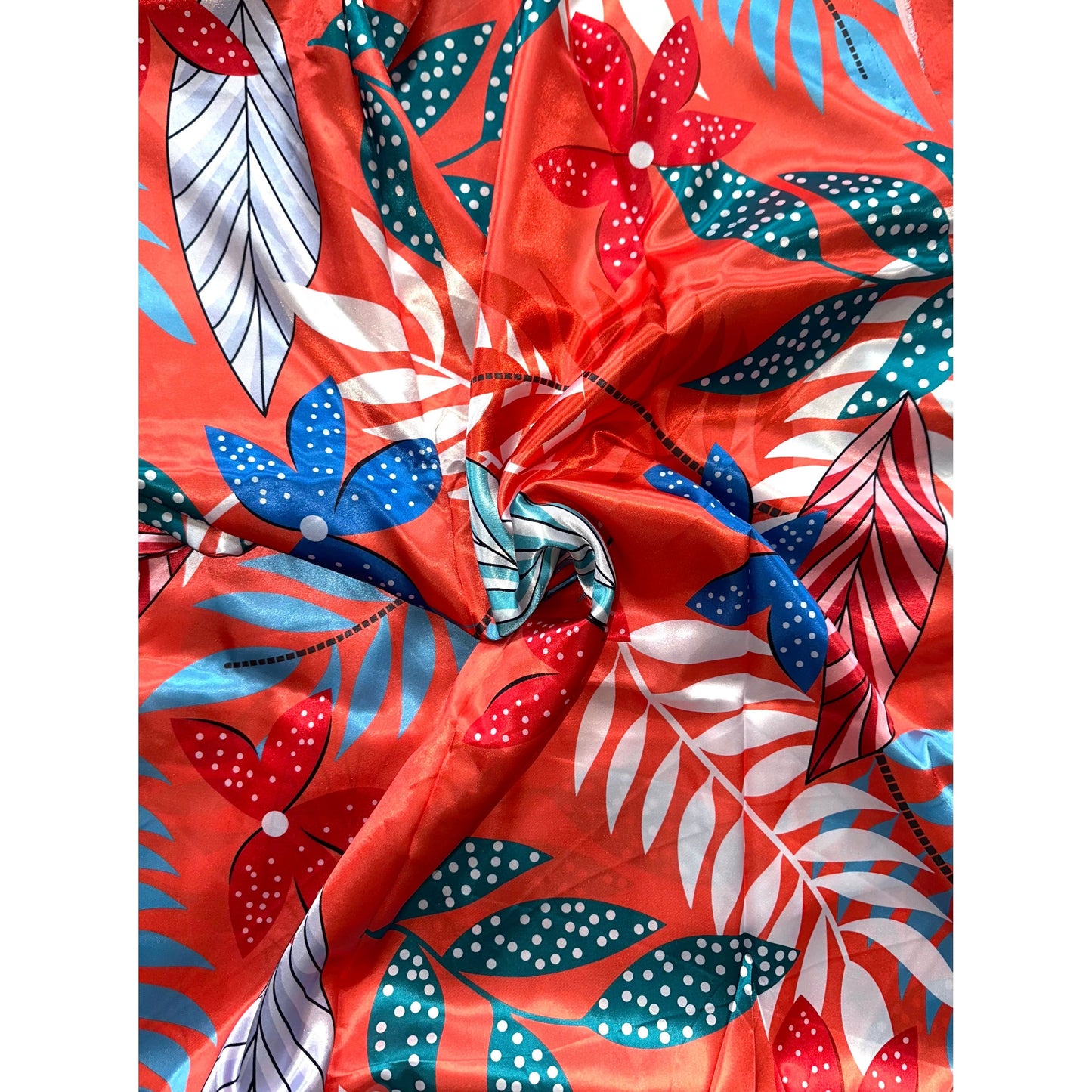 African Print, Satin Fabric - Dark Salmon, Blue, Teal "Athilah’s Garden", Per Yard or Wholesale