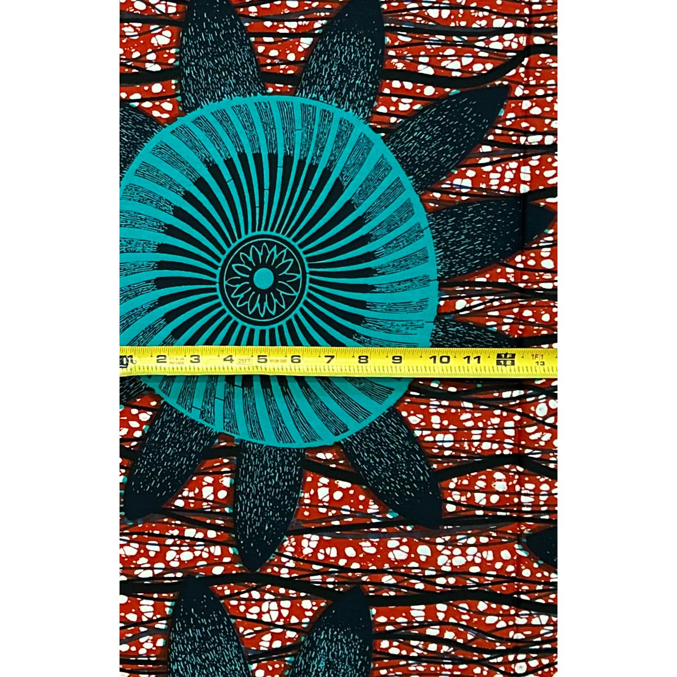 African Print Fabric/ Ankara - Brown, Teal, Navy ‘Kinetic Sun ' Design, 1 YARD