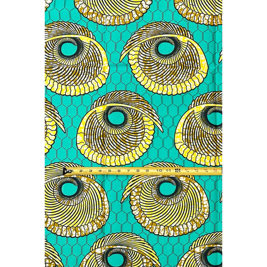 African Print Fabric/ Ankara - Turquoise, Brown, Yellow 'Cool Head No Dey Turn', 1 YARD