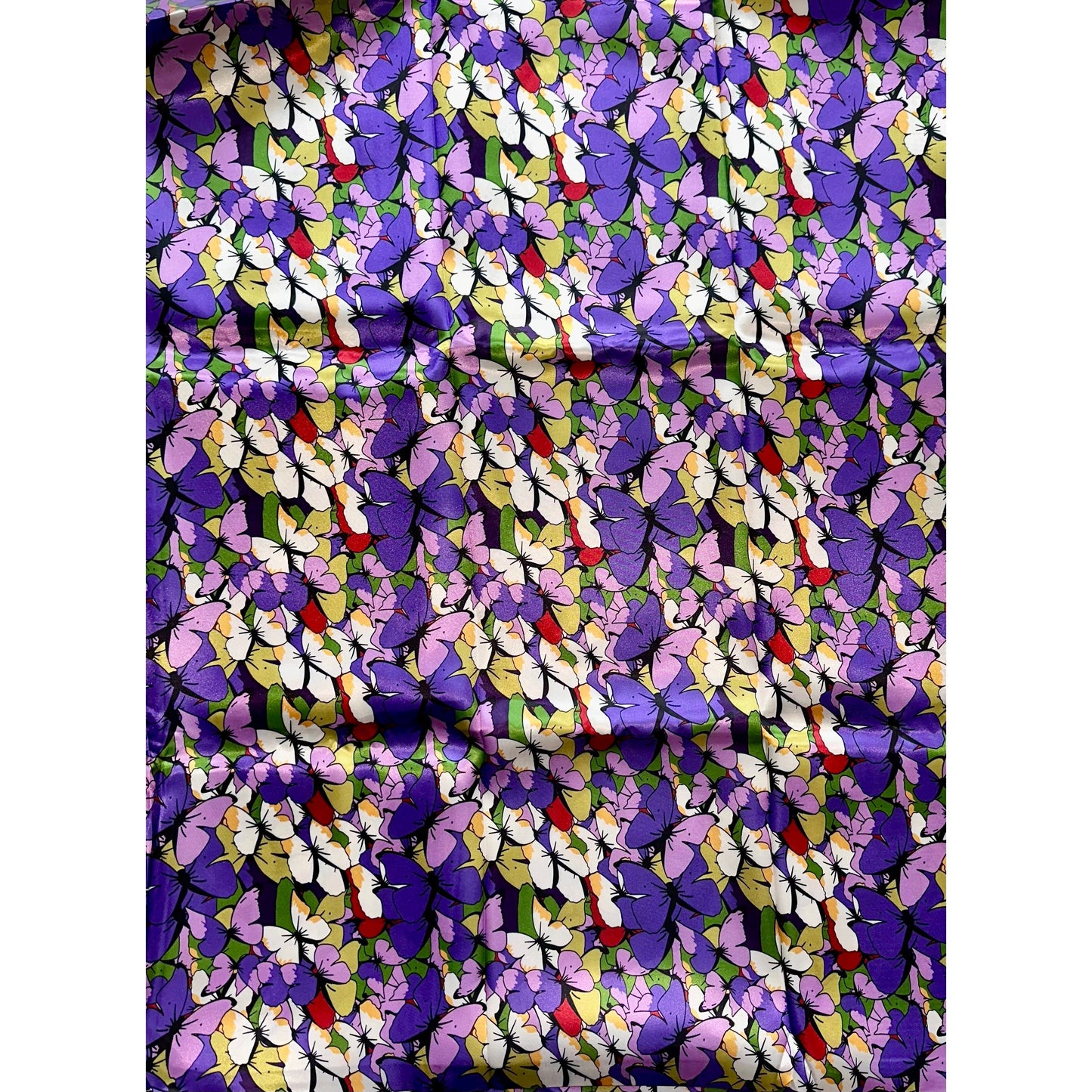 African Print, Satin Fabric - Purple, Green, Red "Love Is Like A Butterfly", Yard or Wholesale