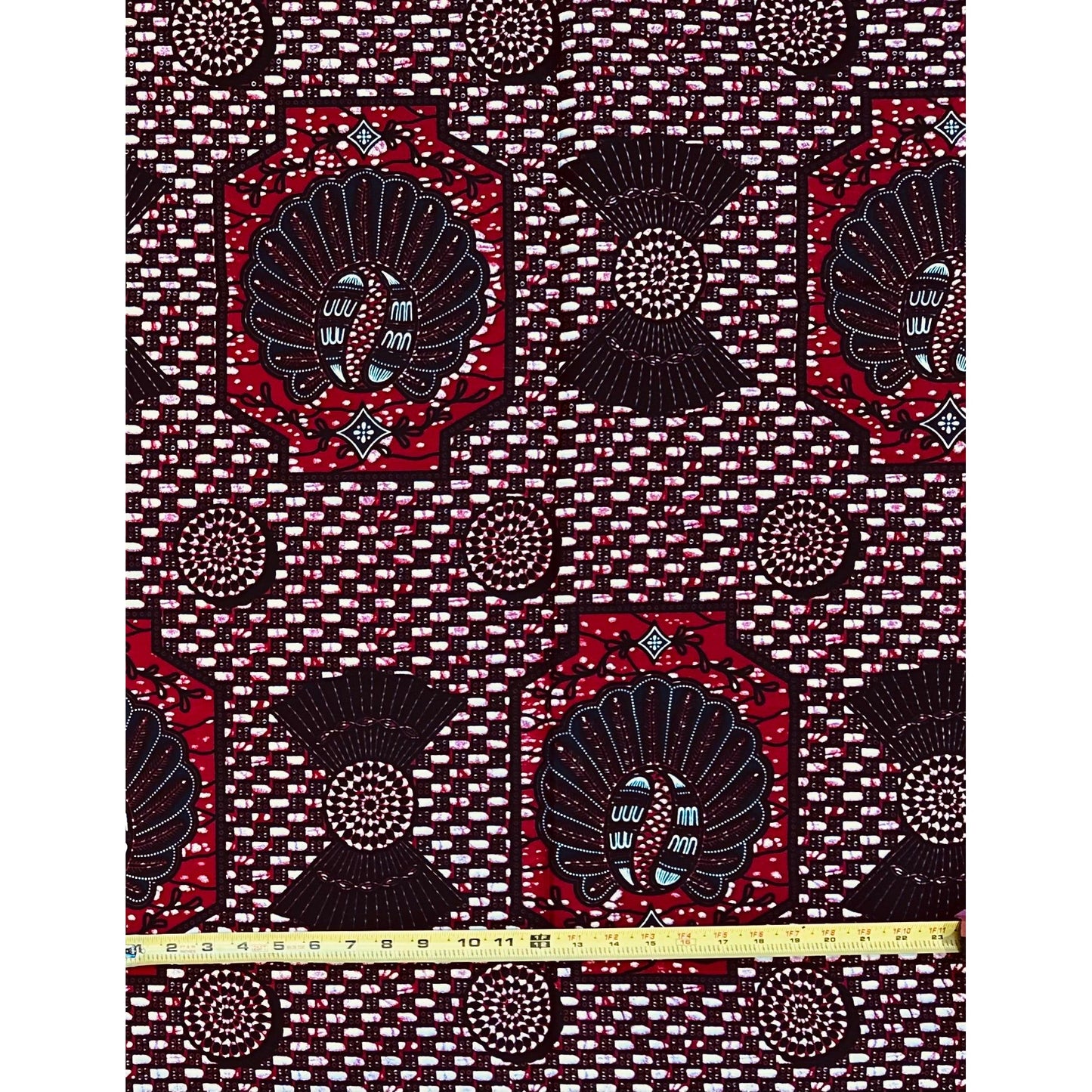 African Print Fabric/ Ankara - Dark Red, Blue 'Afia Mmiensa,' YARD