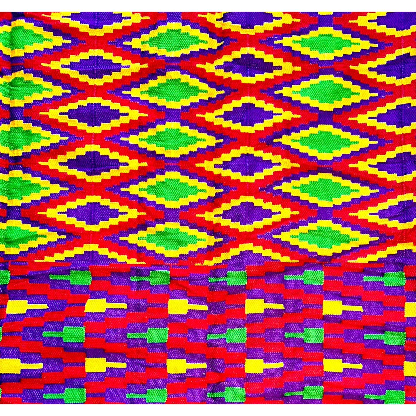African Fabric/ Woven Kente - Red, Purple, Yellow, Green “Ahomk”, 4 Yards