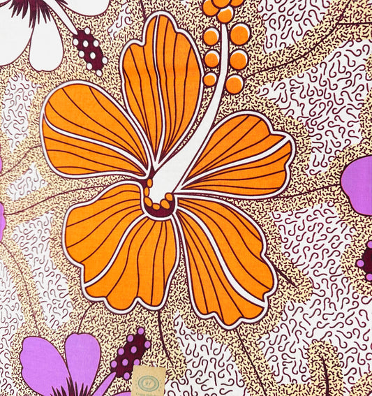 African Print Fabric/ Ankara - Purple, Orange, Cream ‘Daylight Hibiscus' Design, YARD