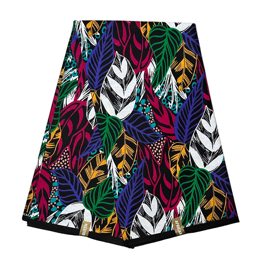 African Print Fabric/Ankara - Purple, Pink, Green, Marigold, Black 'Leaves of Guira', YARD or WHOLESALE