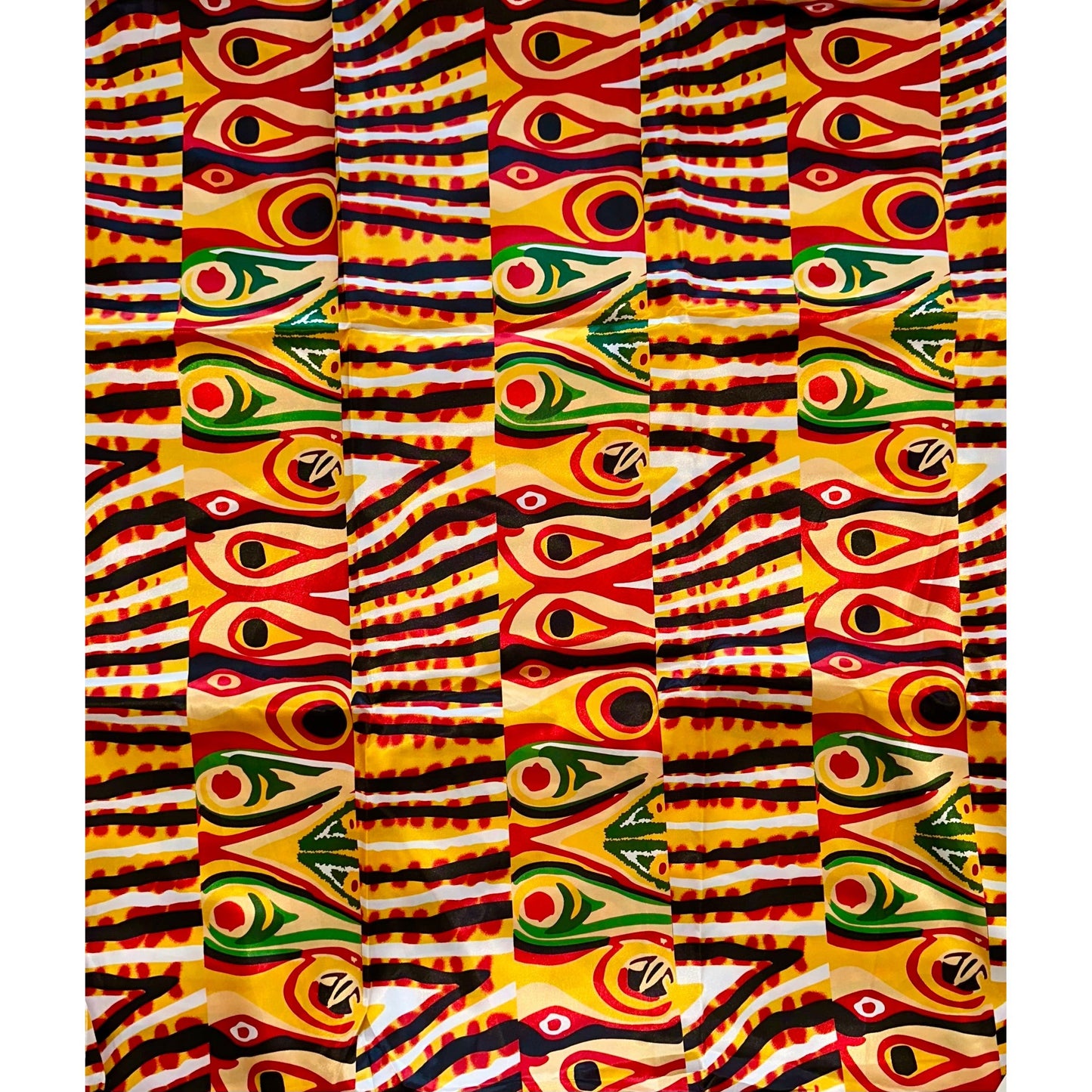 African Print, Satin Fabric - Yellow, Red, Black, Green "Khemet Pepper", Per Yard or Wholesale