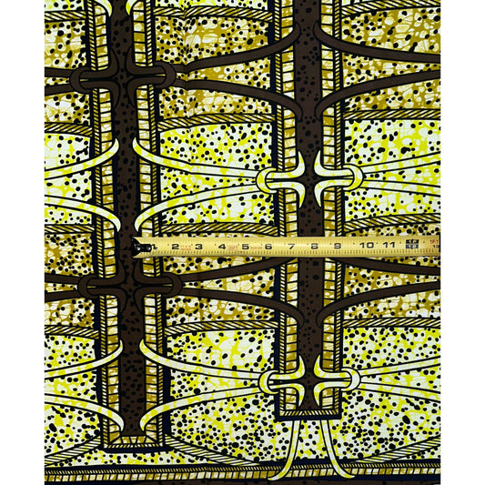 African Print Fabric/ Ankara - Brown, Yellow ‘Koko Trellis' Design, YARD