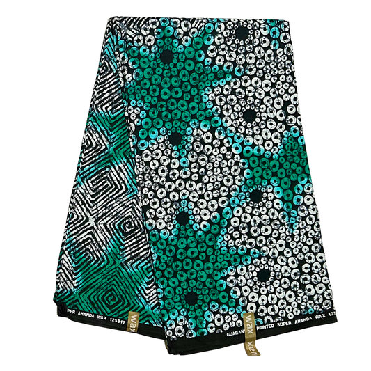 African Print Fabric/ Ankara - Green, Black, White 'Eye Dey Your Side' Design, YARD or WHOLESALE