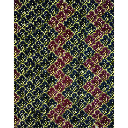 African Print Fabric/ Ankara - Black, Dark Red, Yellow ‘Crown Tides', 1 Yard