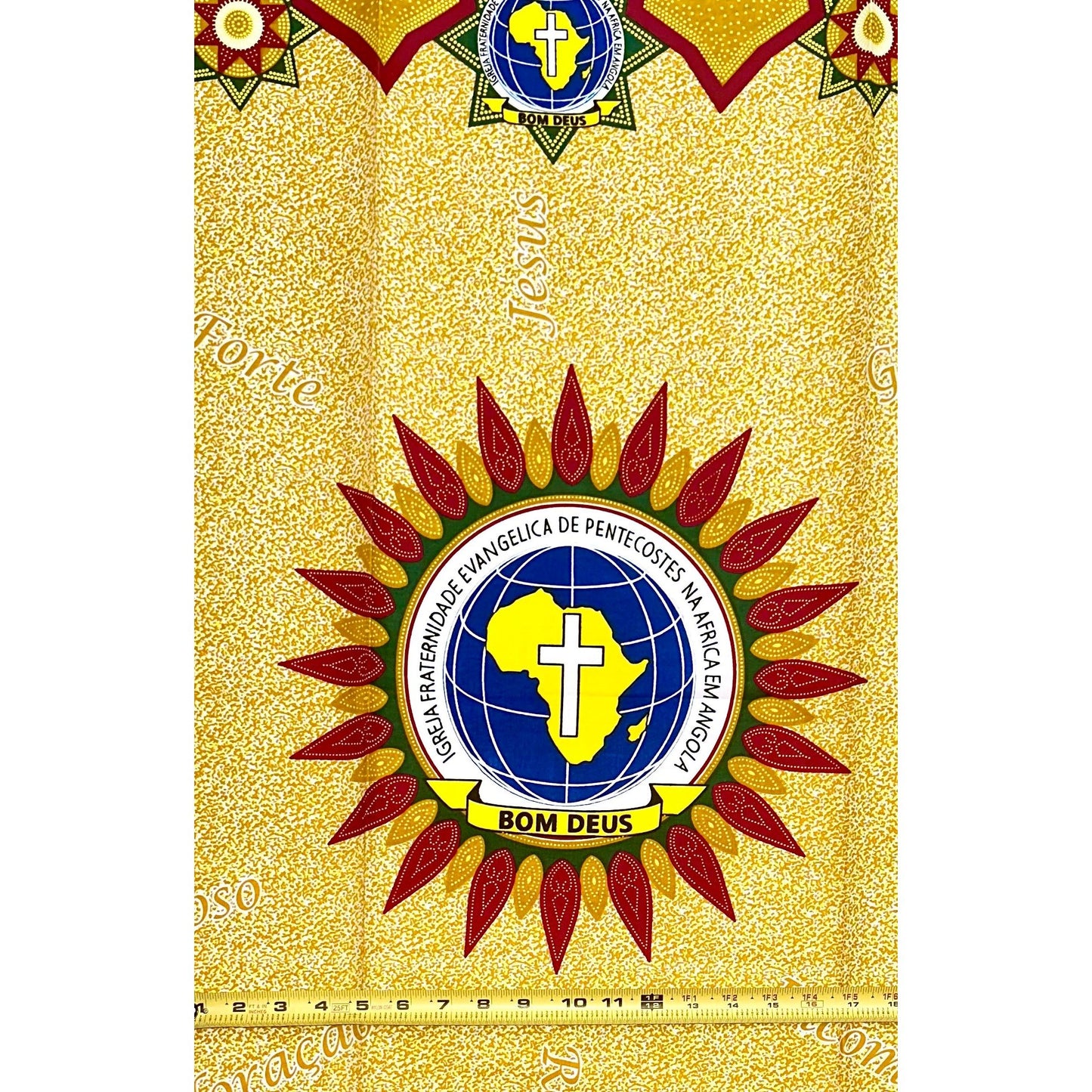 African Print Fabric/ Ankara - Mustard Yellow, Dark Red 'Bom Deus,’ 1 YARD