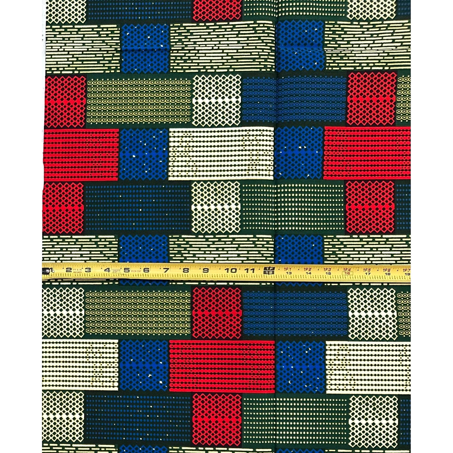 African Print Fabric/Ankara - Red, Blue, Green, Cream "Brick by Brick" Kente, 1 Yard