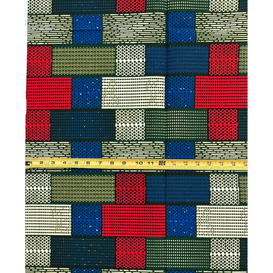 African Print Fabric/Ankara - Red, Blue, Green, Cream "Brick by Brick" Kente, 1 Yard