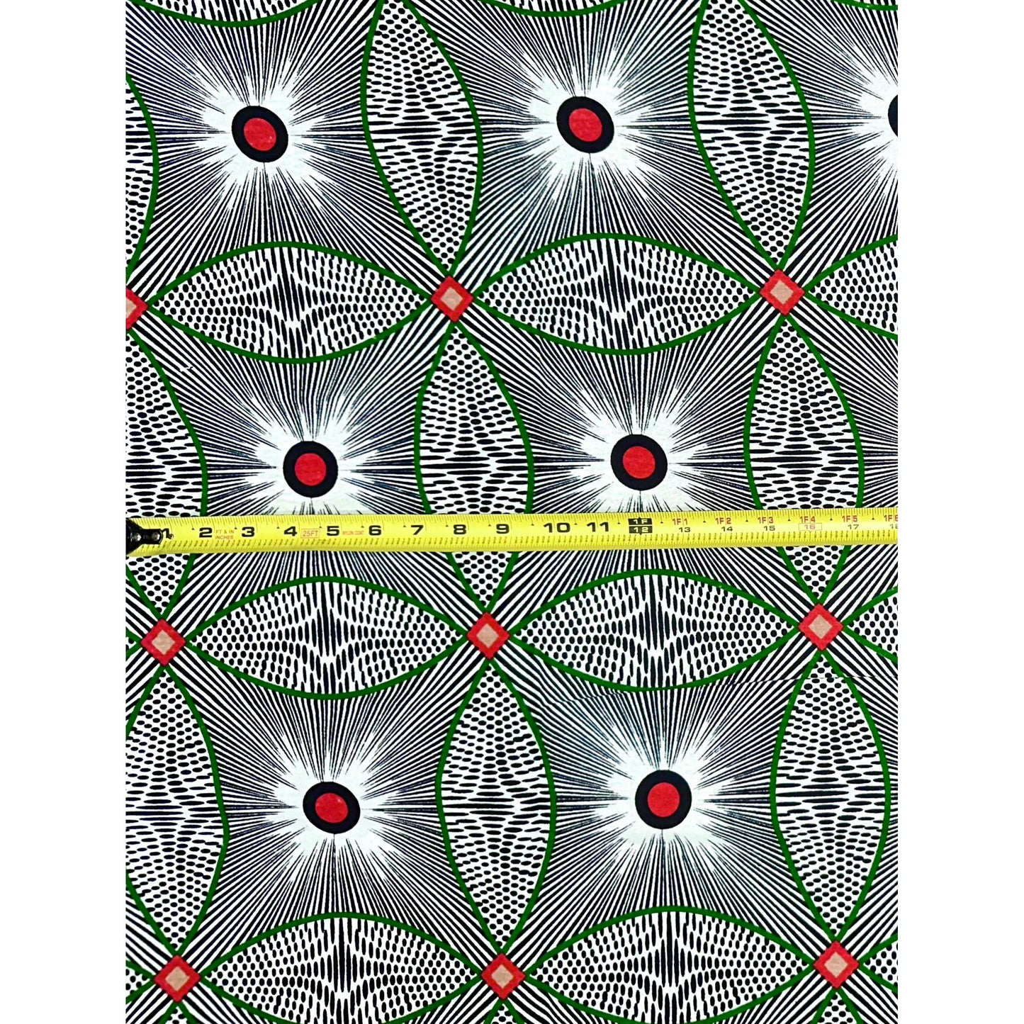 African Print Fabric/ Ankara - Black, White, Green, Red 'Kelele ' Design, YARD or WHOLESALE