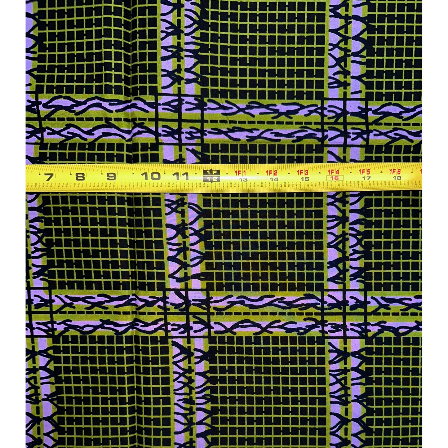 African Print Fabric/ Ankara - Green, Purple 'Ola Grid' Design, YARD