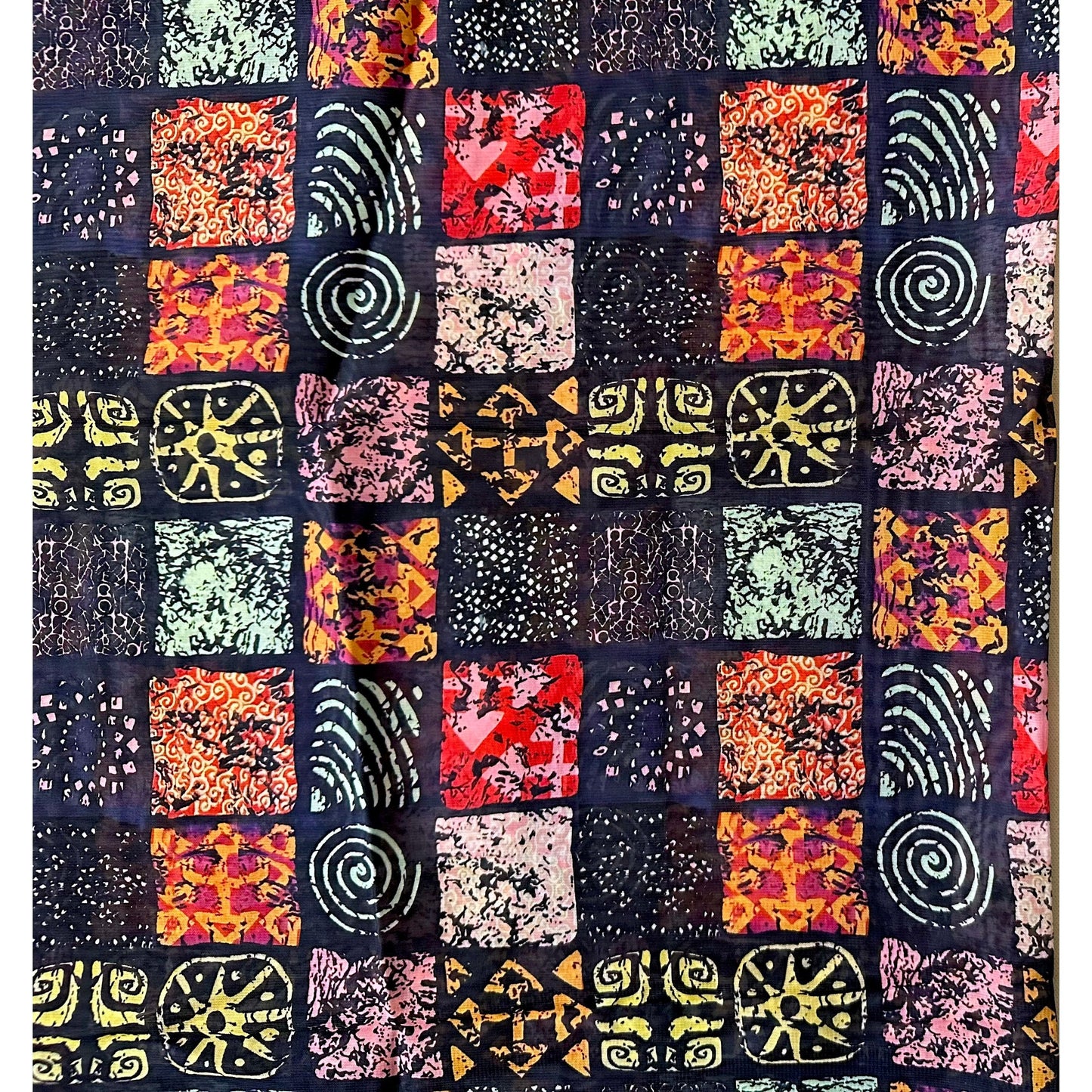African Print, Chiffon Fabric - Pink, Red, Black, Beige, Yellow "Camelia", ~2 Yards